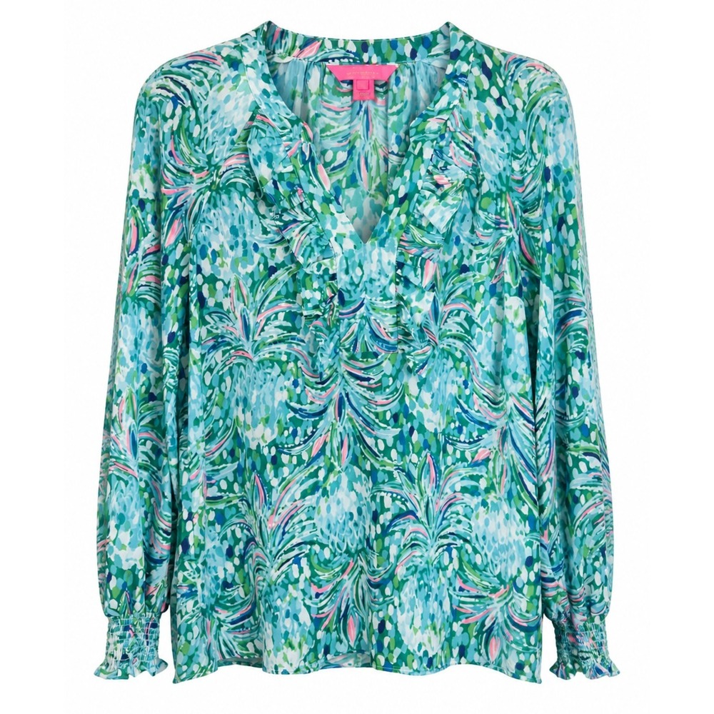 Lilly Pulitzer Ruffle Blouse Top Sz S Tropical Print Resort Coastal Pineapple‎